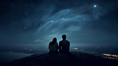 Man and woman sitting on the edge of a cliff looking at the night skyの素材