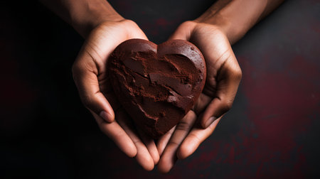 Chocolate heart in hands on a dark background. Valentine's Dayの素材