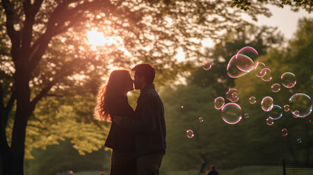 Young couple kissing and blowing soap bubbles in the park at sunset.の素材