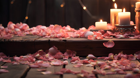 Rose petals and burning candles on wooden background. Selective focus.の素材