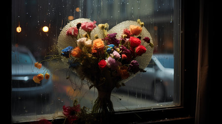 Bouquet of colorful flowers on the window in the rain.の素材