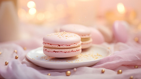 Pink macaroon cakes on a white plate on a pink backgroundの素材