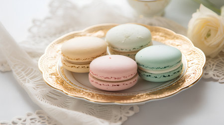 Colorful macaroons on white background. Selective focus.の素材