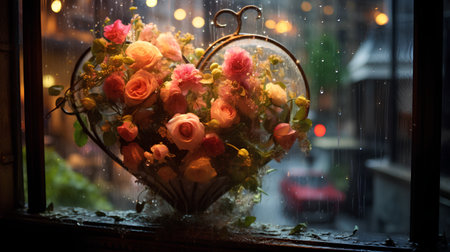 Beautiful bouquet of roses on the background of the window.の素材