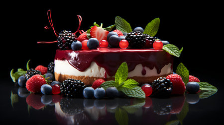 Delicious cheesecake with berries on a black background. Copy space.の素材