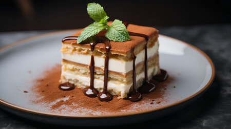 Piece of tiramisu cake with chocolate sauce on dark backgroundの素材