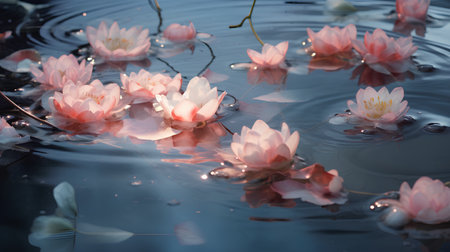 Beautiful pink water lily flowers on the water surface. Toned.の素材