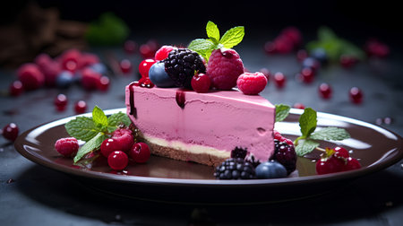 Piece of raspberry cheesecake with fresh berries and mint on dark backgroundの素材