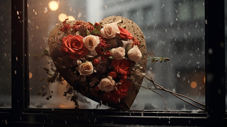 Heart-shaped box with flowers on the background of the rain.の素材