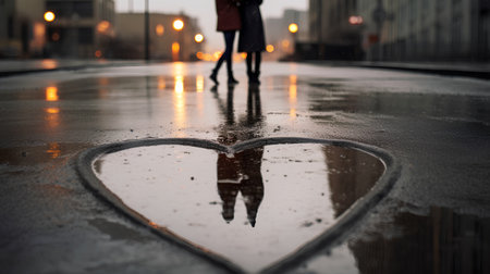 Reflection of a woman in a puddle on a rainy dayの素材