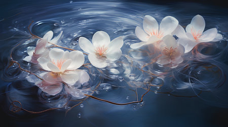 White crocus flowers on a dark blue background with water drops.の素材