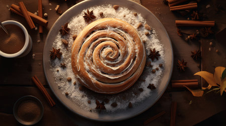 Sweet cinnamon roll with icing sugar and spices on wooden table, top viewの素材