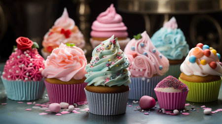 Cupcakes decorated with icing and sprinkles on a metal backgroundの素材
