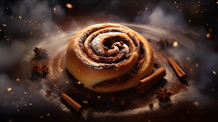 Cinnamon roll with sugar powder and cinnamon sticks on dark background.の素材