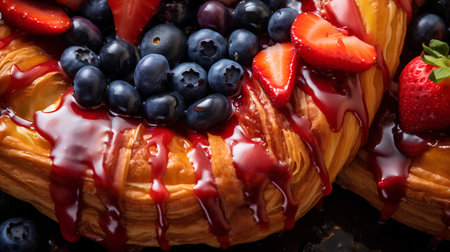 Delicious berry cake with strawberry, blueberry and strawberry on black backgroundの素材
