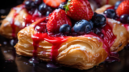 Strawberry and blueberry puff pastry on a black background.の素材