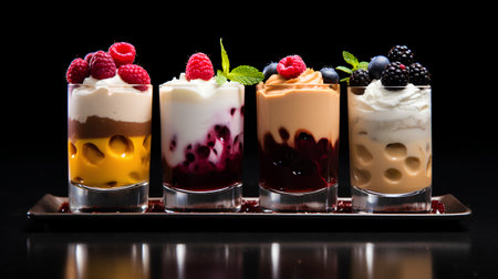 Dessert with cream and berries in glasses on a black background.の素材