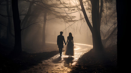 Silhouette of a loving couple walking in a foggy forestの素材