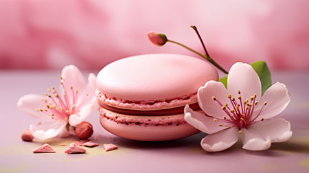 Macaroons with cherry blossom flowers on a pink background.の素材