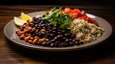 Plate with black beans, rice, tomato and parsley on wooden tableの素材