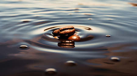 Coffee beans falling into the water. Abstract background with coffee beans.の素材