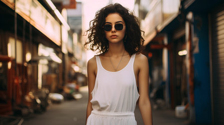 fashion outdoor photo of beautiful sensual woman with dark curly hair in elegant dress and sunglasses posing on summer streetの素材