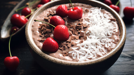 Chocolate smoothie bowl with cherries and coconut flakes on dark wooden backgroundの素材