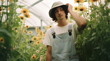 young handsome farmer man or agronomist with sunflowers in greenhouseの素材