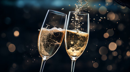 Glasses of champagne with splash on bokeh background, celebration and New Year conceptの素材
