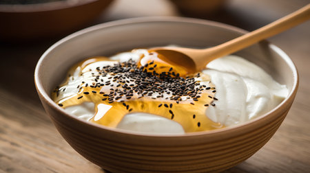 Greek yogurt with black sesame seeds in a bowl on wooden backgroundの素材