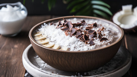 Coconut pudding with chocolate and banana in a wooden bowl.の素材