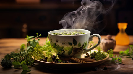 Cup of tea with herbs and spices on a wooden table.の素材
