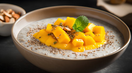 Yogurt with mango and chia seeds on dark background, closeupの素材