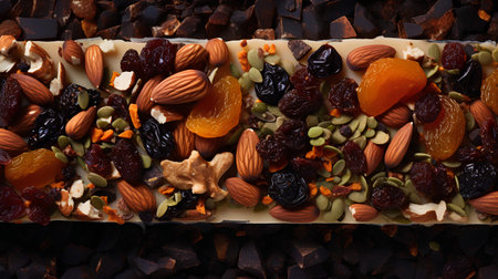 Nuts and dried fruits on a dark background. Top view.の素材