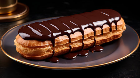 Chocolate eclair on a black plate on a dark background.の素材