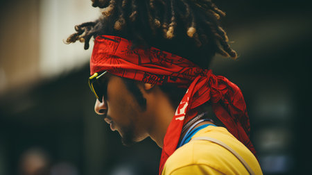 Young african american man with dreadlocks wearing a red bandana.の素材