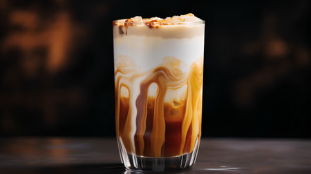 Iced coffee with caramel in a tall glass on a dark backgroundの素材