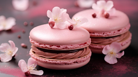Pink macaroons with cherry blossoms on a dark background.の素材