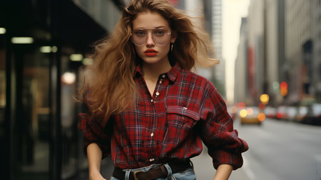 Fashionable young woman in a red plaid shirt and glasses on a city street.の素材