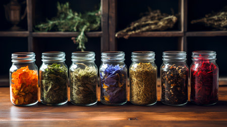 Herbs and spices in glass jars on a wooden table in a rustic kitchenの素材