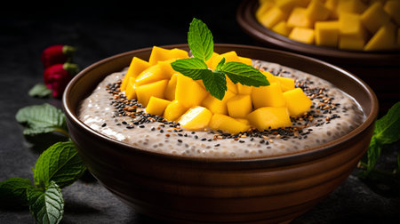 Chia seed pudding with mango and mint in ceramic bowl on black backgroundの素材