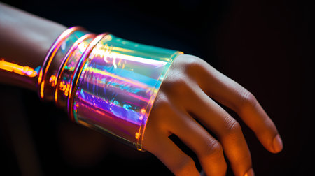 Futuristic holographic neon lamp in the hands of a mannequin.の素材