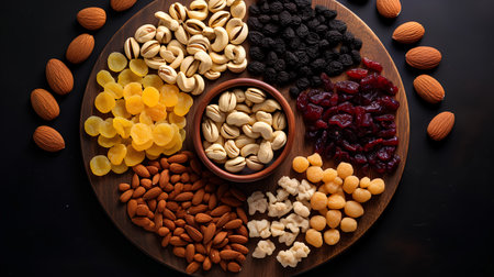 Mix of dried fruits and nuts on a black background. Top viewの素材