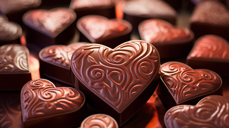 Heart-shaped chocolate candies on a red background. Valentine's Day.の素材