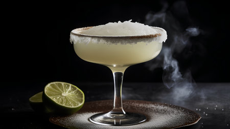 Alcoholic cocktail with lime and sugar on a black background.の素材