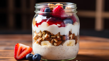 Healthy breakfast. Oatmeal with yogurt, berries and granola in glass jar on wooden backgroundの素材