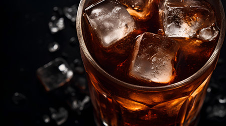 Glass of cola with ice cubes on black background, close upの素材