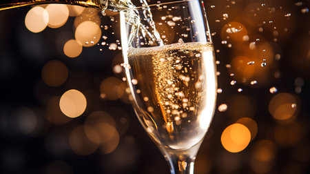 Champagne pouring into glass on bokeh background. Celebration conceptの素材