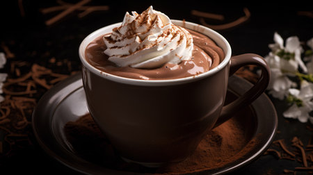 Hot chocolate with whipped cream and cocoa powder on a dark background.の素材