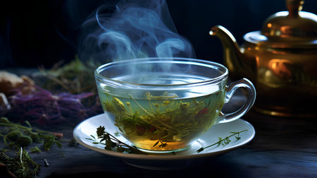 Cup of green tea with aromatic herbs on a dark background.の素材